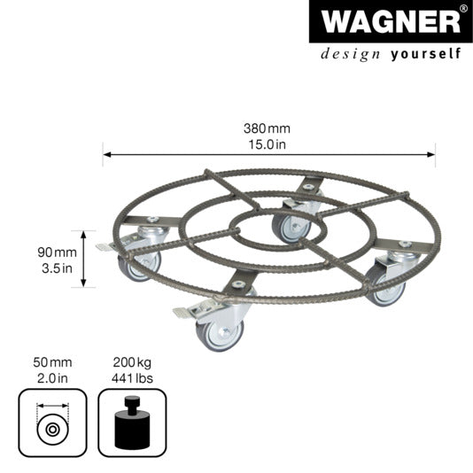 Stylischer Rolluntersetzer von WAGNER, ø 380 mm, perfekt für Pflanzen, robust und bodenschonend, Modell GH0947 für drinnen und draußen.