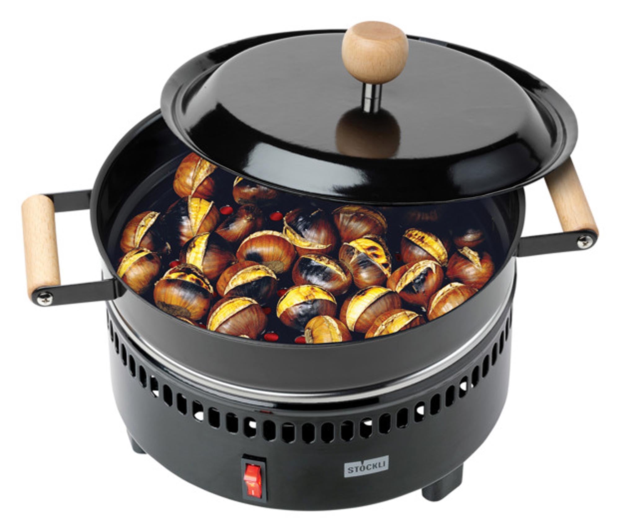 STÖCKLI Marroniofen 24 cm: Perfekt für knusprige Maronen, mit hitzebeständigen Holzgriffen für sichere Handhabung und gleichmäßige Röstung.