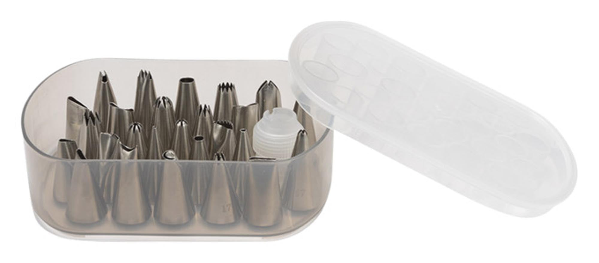 Entdecken Sie das 27-teilige PATISSE Spritztüllen Set aus Edelstahl mit Adapter in praktischer Kunststoffbox. Ideal für kreative Backdekorationen!
