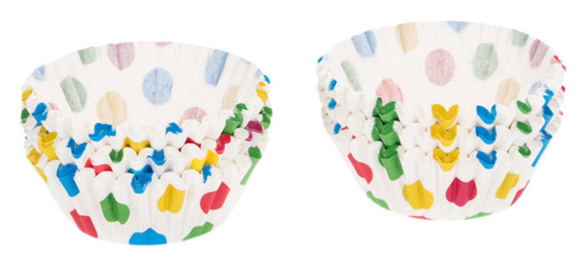 Entdecken Sie die PATISSE Mini Papierförmchen (200 Stück) in Weiß mit bunten Punkten. Ideal für Mini-Cupcakes, Muffins und Pralinen. Hitzebeständig und dekorativ!