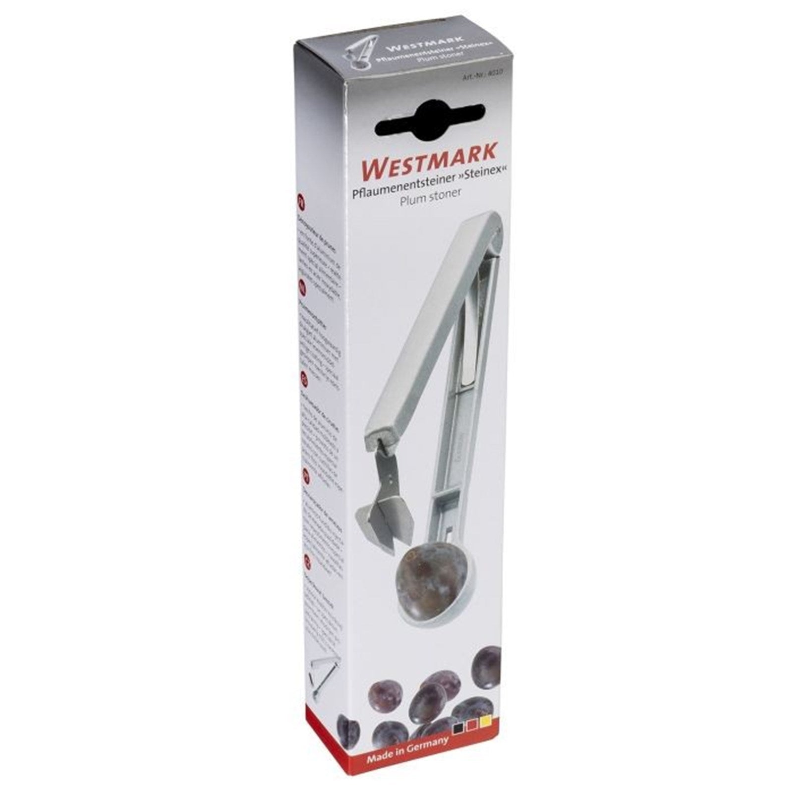 Effizienter Pflaumenentsteiner von Westmark, 17x4x3cm, für müheloses und sauberes Entkernen von Pflaumen.