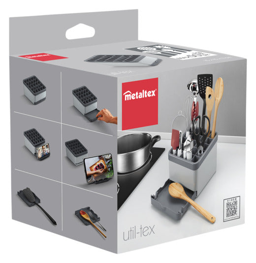 Der METALTEX Util-Tex Organizer in grau/anthrazit (15x15x11 cm) bietet eine clevere Lösung zur Aufbewahrung Ihrer Küchenutensilien. Mit 25 anpassbaren Steckplätzen und einer praktischen Schublade für Löffel oder Tablets sorgt er für Ordnung und Übersicht in Ihrer Küche.
