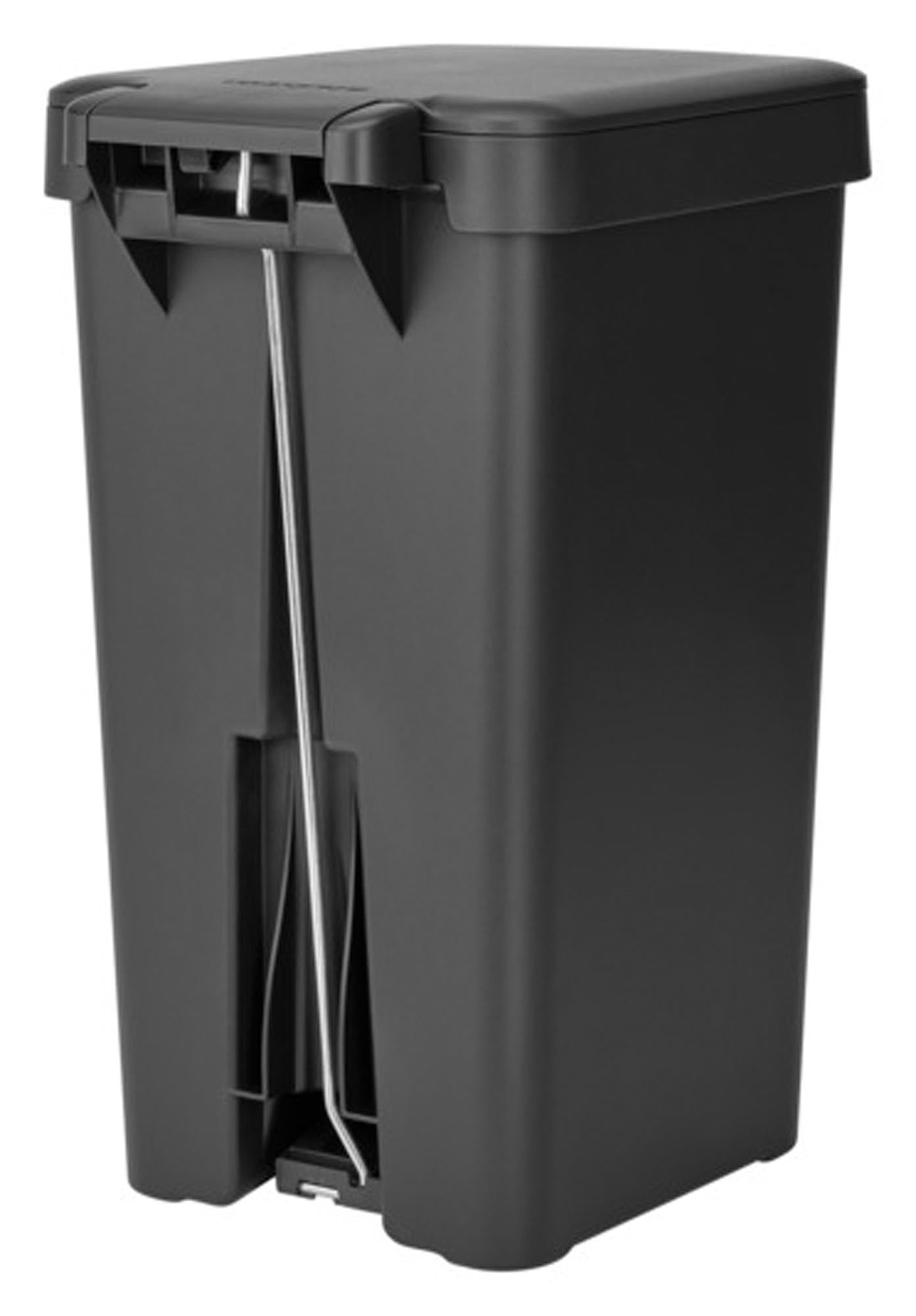 Moderner 16L Treteimer in Dunkelgrau von BRABANTIA, aus robustem Stahl, hygienisch, mit sanft schließendem Deckel und rutschfestem Fuß.