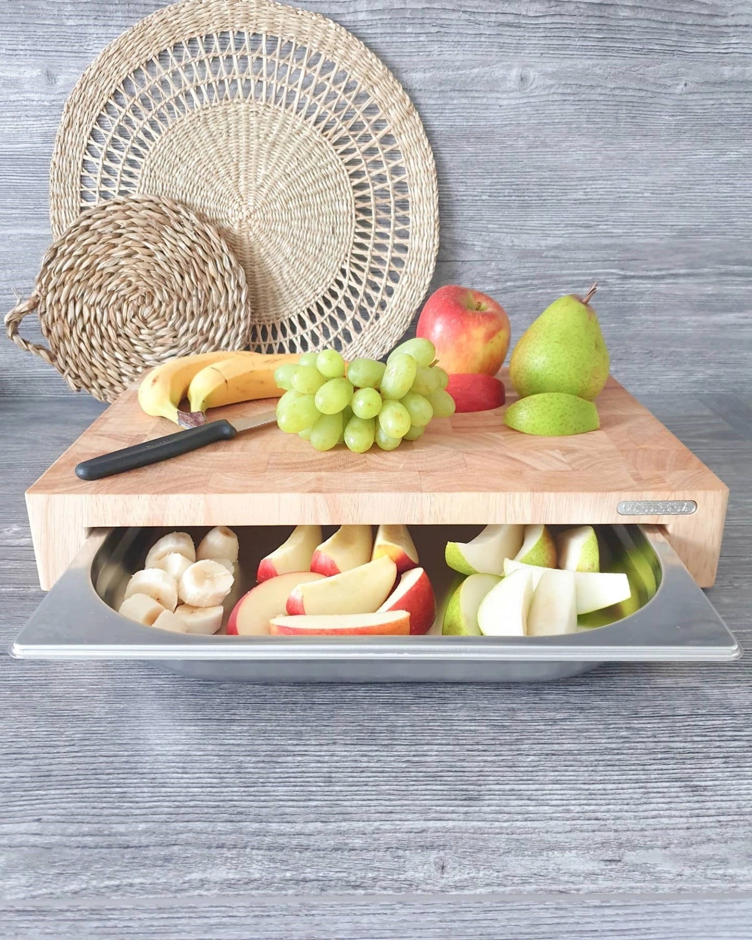 Foreign wood cutting board with stainless steel drawer, 48x32.5x6 cm