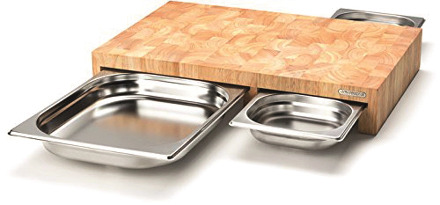 Entdecken Sie das Gummibaum Schneidebrett mit 3 Schubladen von Continenta – robust, hygienisch und stilvoll für Ihre Küche!