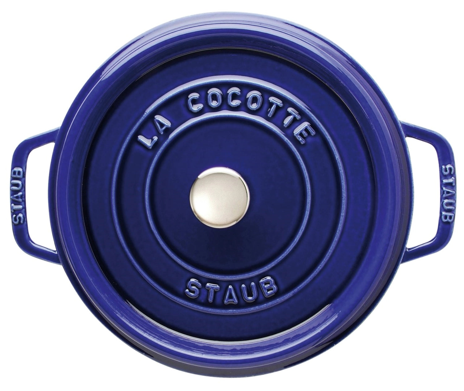 Runde Cocotte in elegantem Dunkelblau, 28 cm Durchmesser, aus robustem Gusseisen, perfekt für köstliche Mahlzeiten und ansprechende Tischpräsentation.