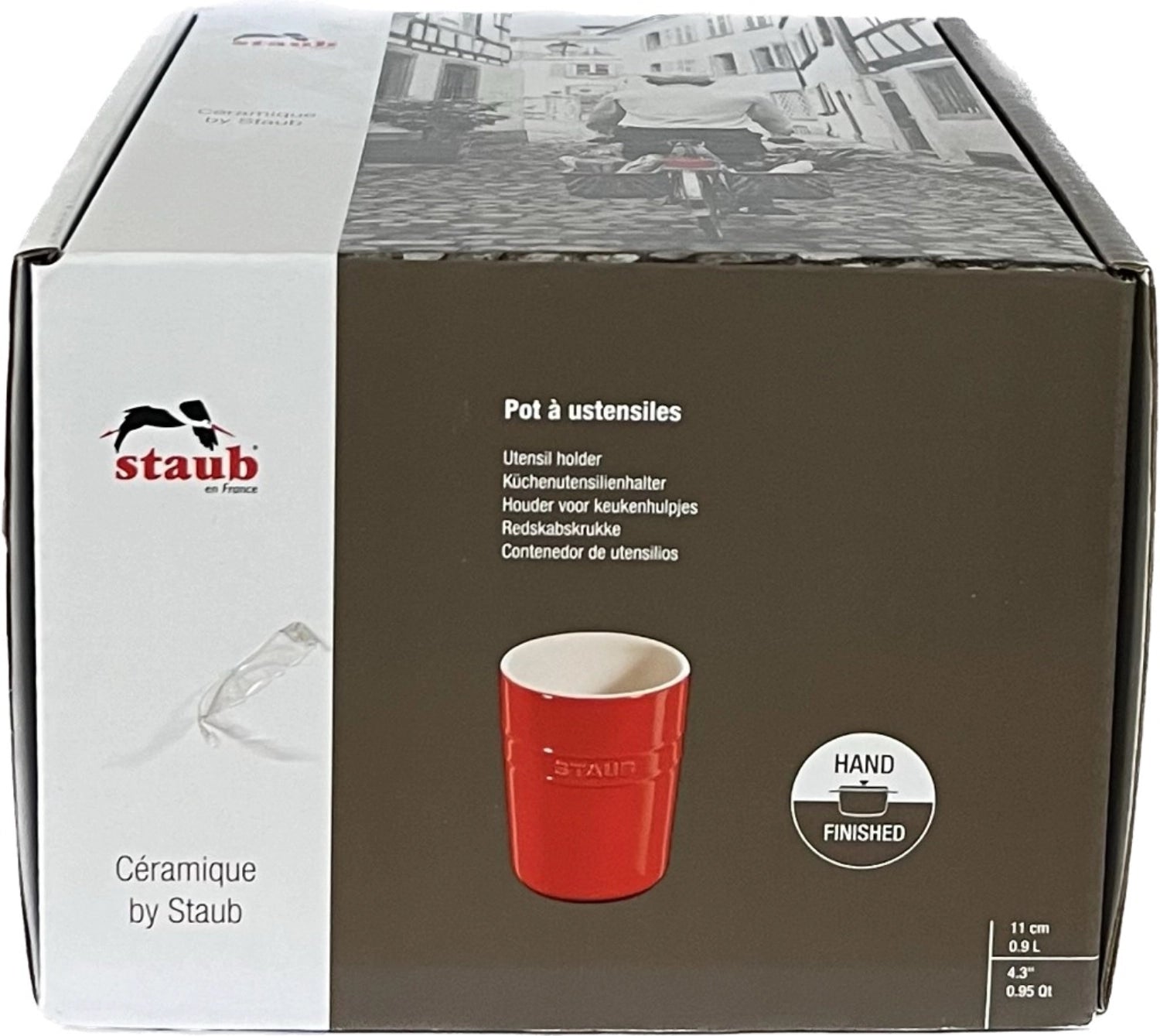 Der rote Keramik Kellenbehälter von Staub (11x15 cm, 0,9 l) vereint Funktionalität und elegantes Design – ideal für jede Küche!