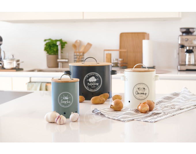 Stilvolle Vorratsdose mit Bambusdeckel, ideal für Kartoffeln. Variabler Durchmesser 22.5-28 cm, Höhe 18-21 cm. Luftdicht, umweltfreundlich.