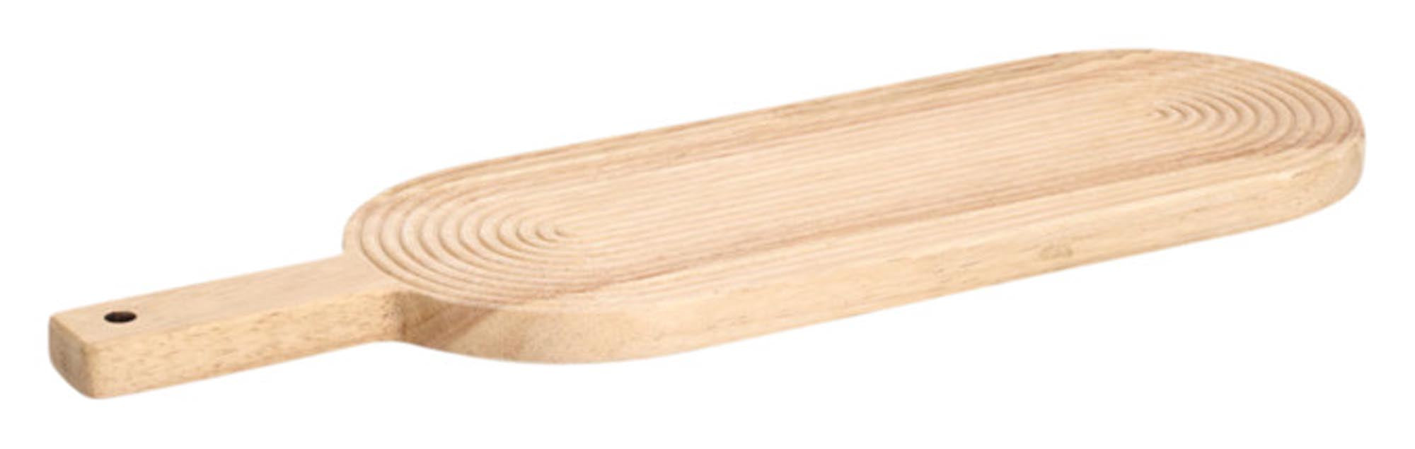 Elegantes Schneidebrett aus robustem Gummibaumholz, 50.8x16x2 cm, mit Griffen und Streifen-Design, ideal für alle Schneidarbeiten.