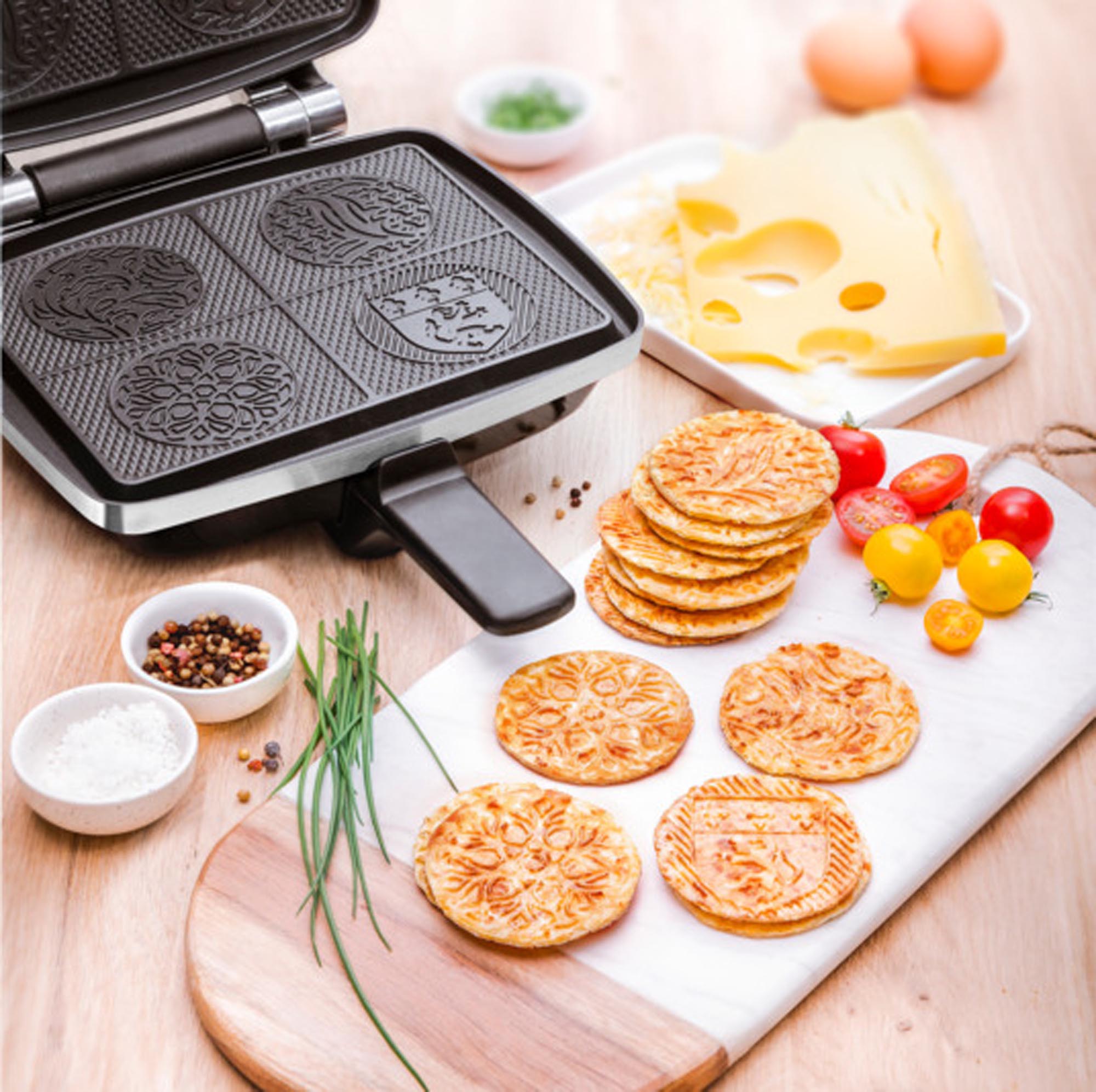 Elegantes Brezeleisen Super-2 von LAGRANGE in Schwarz/Silber für perfekte, goldbraune Brezeln mit stufenloser Temperaturregelung.