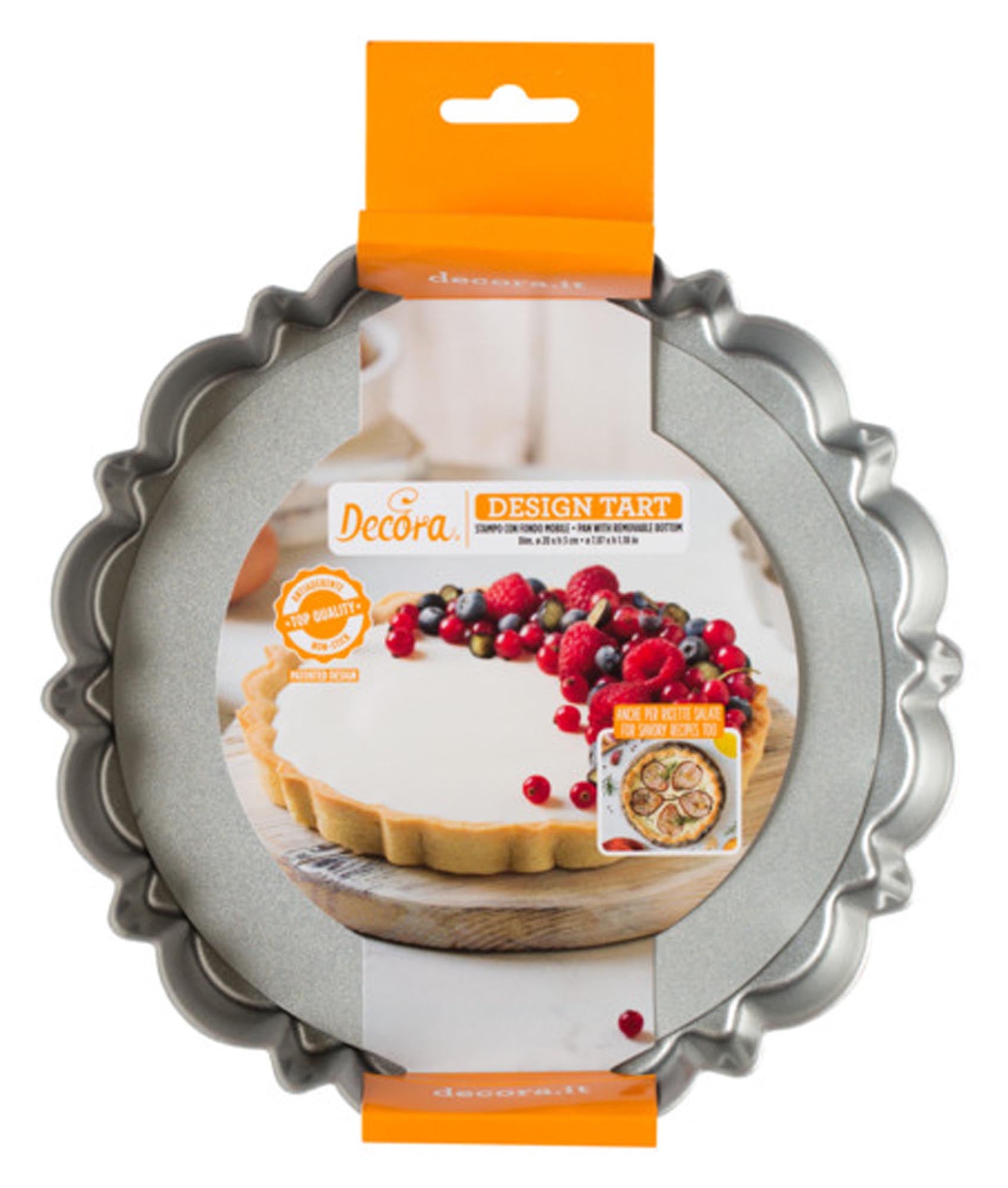 Entdecken Sie die DECORA Tortenform rund (ø 20x3 cm) mit herausnehmbarem Boden. Ideal für perfekte Kuchen und Torten, antihaftbeschichtet und spülmaschinenfest.