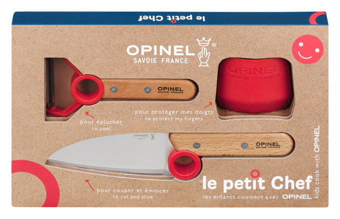 OPINEL Küchenwerkzeug Kinder Set le petit Chef 3-teilig rot Messer Peeler Fingerschutz in präsentiert im Onlineshop von KAQTU Design AG. Küchenhelfer ist von OPINEL