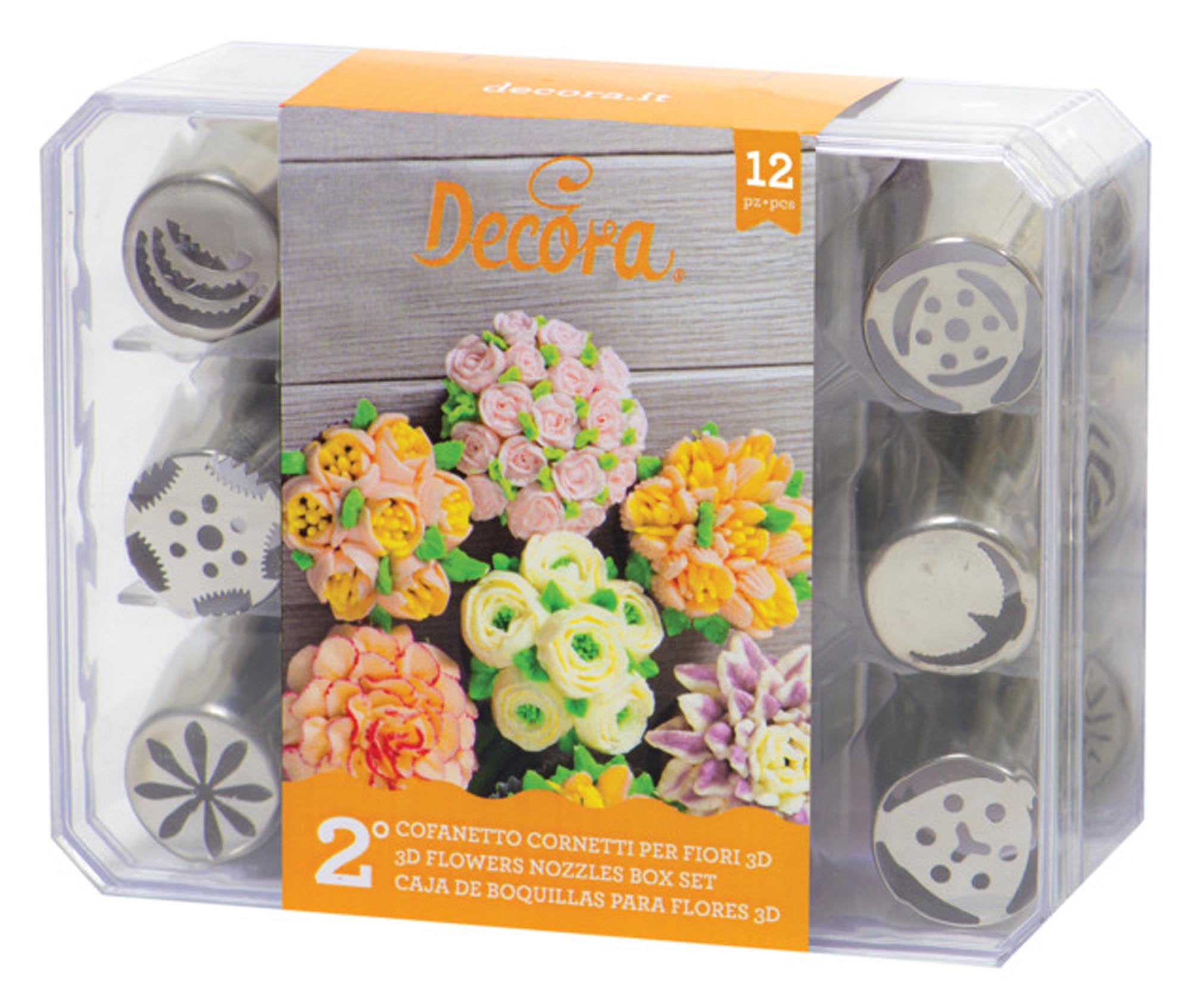 Entdecken Sie die DECORA Spritztüllen-Box Blumen 3D Set mit 12 Edelstahl-Tüllen. Ideal für kreative Backideen, robust und spülmaschinenfest!