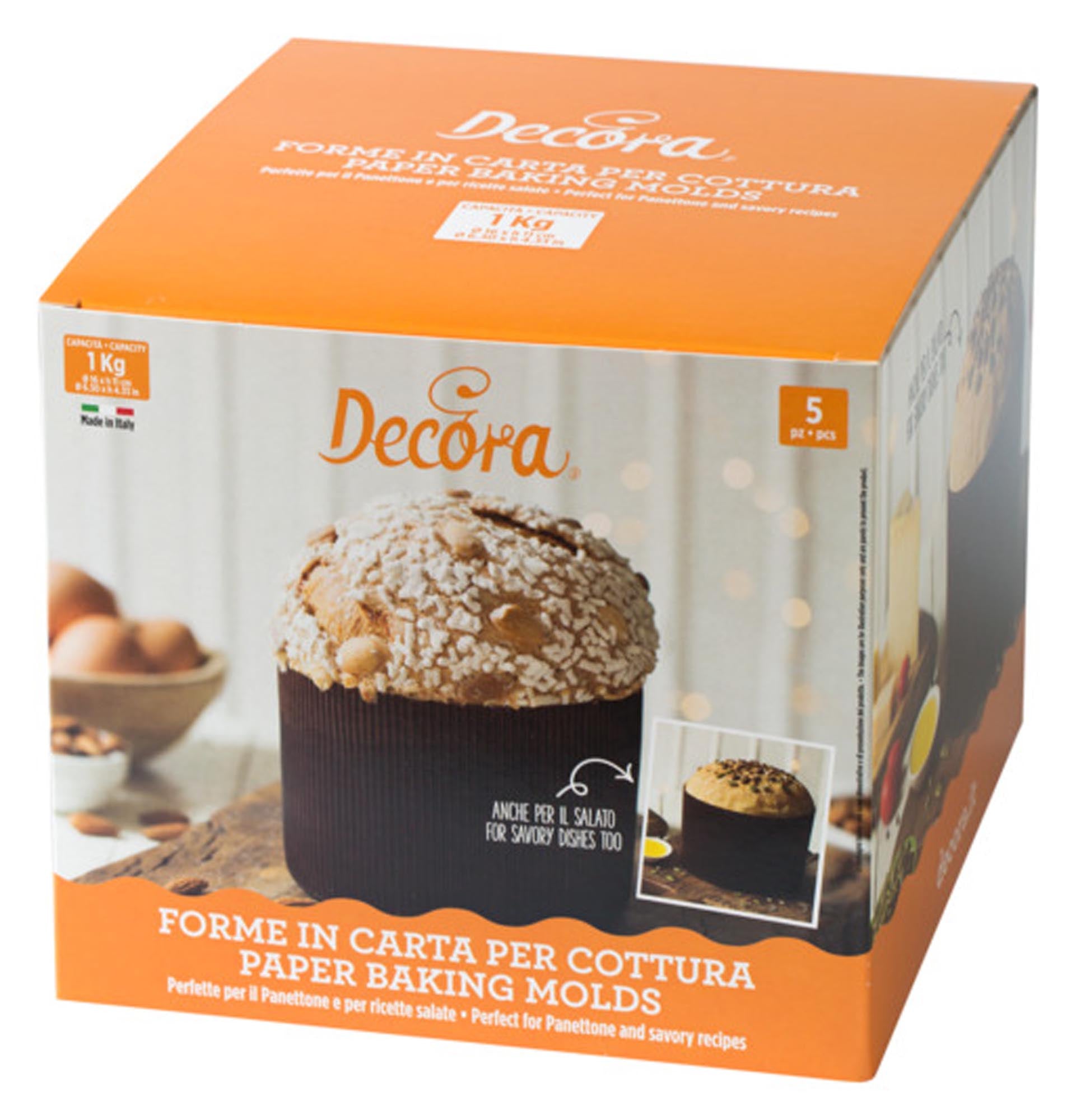 Entdecken Sie die DECORA Panettone-Brioche-Formen (5er Set) aus hochwertigem Cellulose Papier für perfekte Backergebnisse bei 200°C.