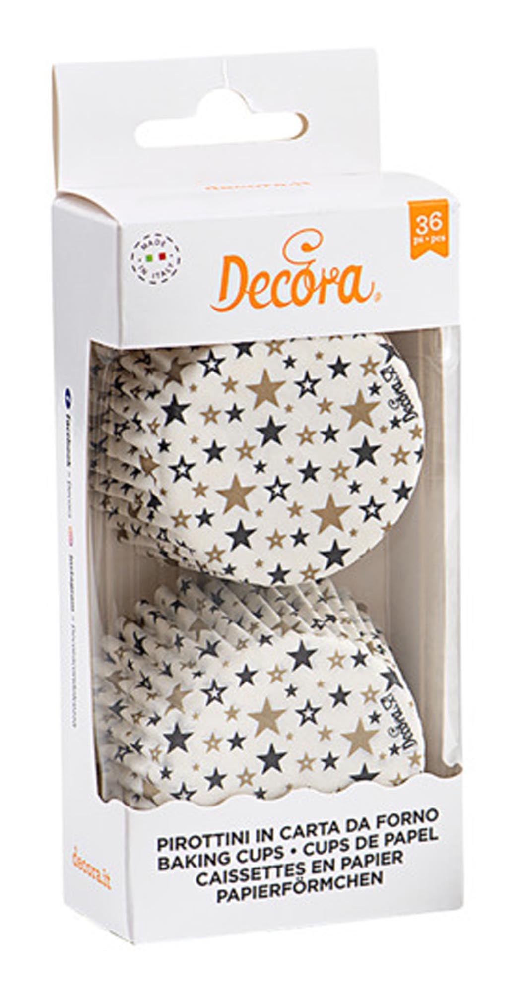 Entdecken Sie die DECORA Papier-Backförmchen Sterne in Schwarz-Gold. Ideal für Muffins und Cupcakes, hitzebeständig bis 220°C, 36 Stück.