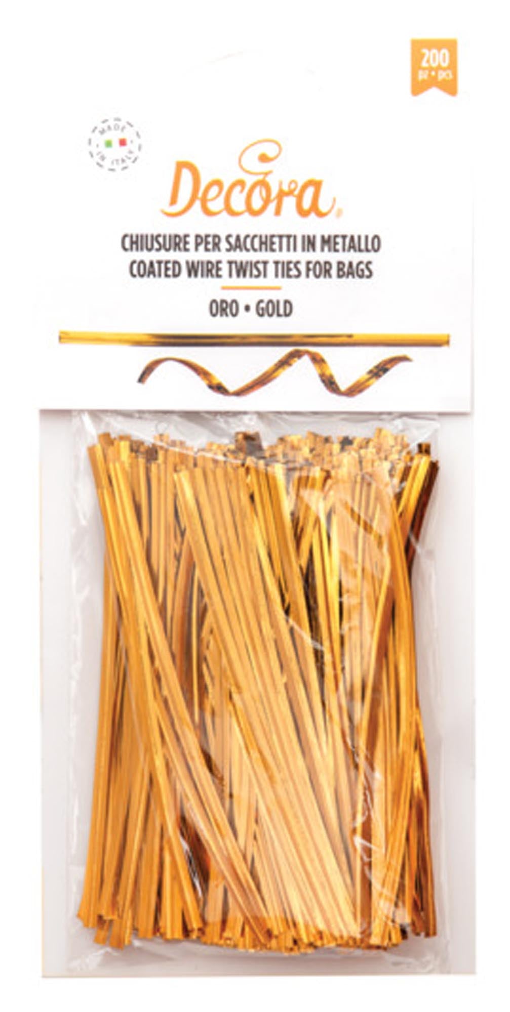 Elegante DECORA Beutelverschlüsse in Gold, 200 Stück, ideal für Lebensmittel, Bastelprojekte und Geschenke. Hochwertig, langlebig und vielseitig einsetzbar.