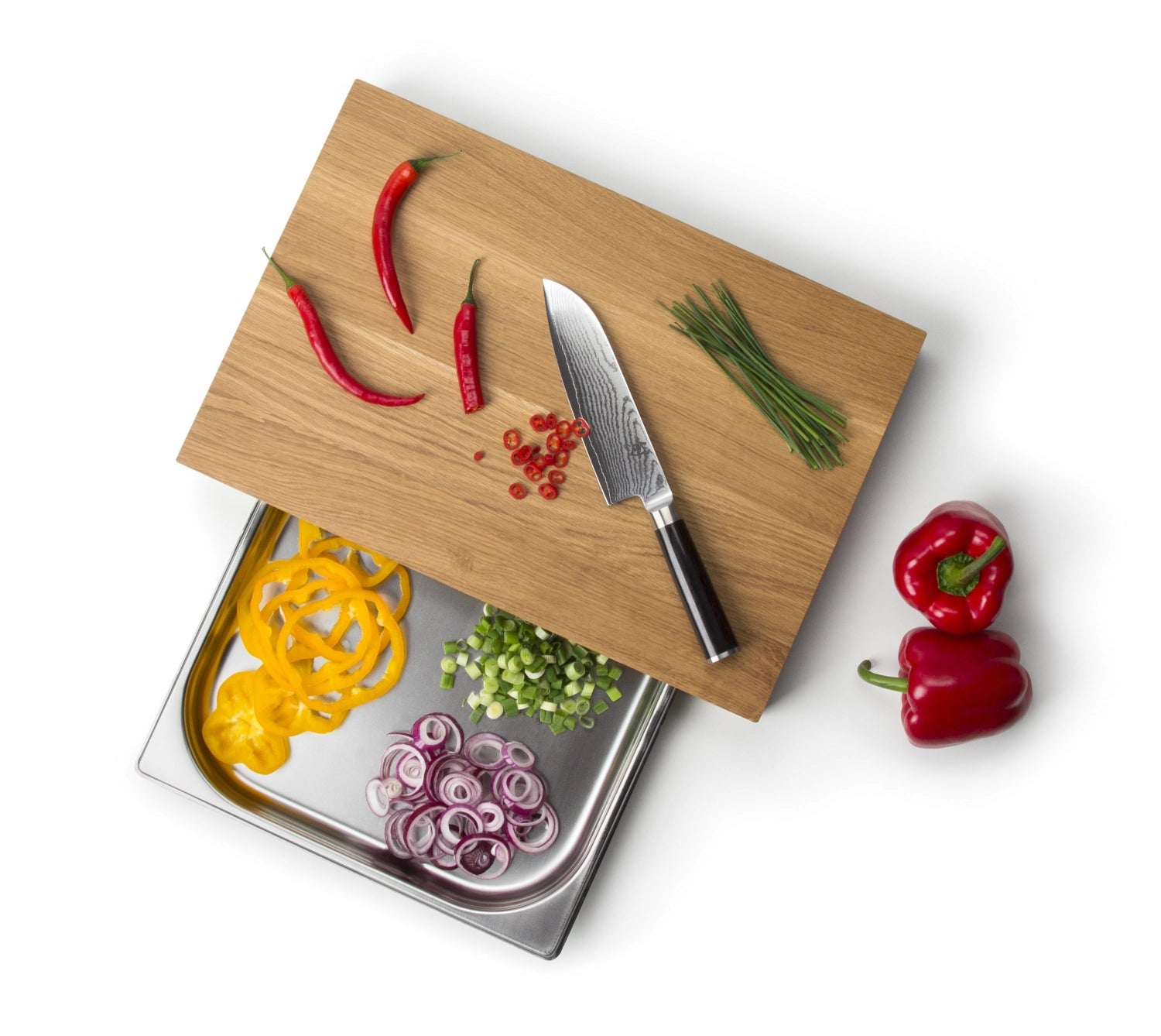 Eiche Schneidebrett m. Edelstahl Schublade, 48x32.5x6 cm