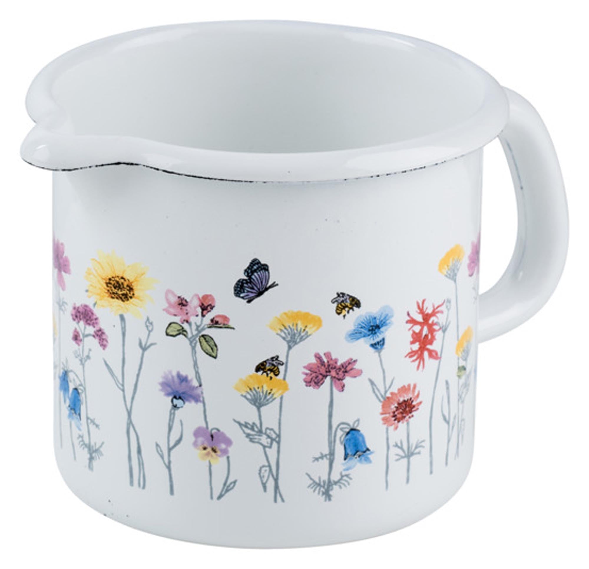 Entdecken Sie den RIESS Schnabeltopf Flora 0.75 l aus Emaille – ideal für Milch, Saucen und Brühen. Charmantes Design, kratzfest und induktionsgeeignet!