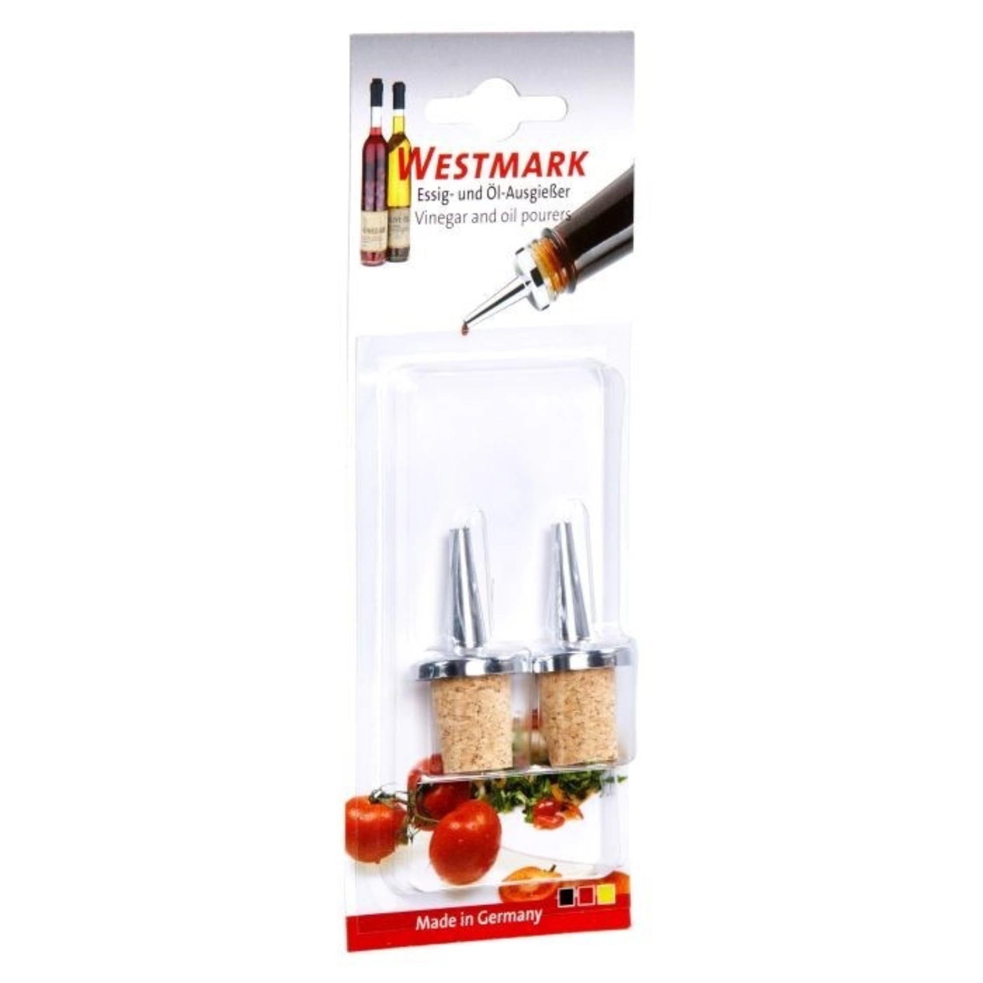 2 verchromte Spritzkorken von Westmark, perfekt für präzises Ausgiessen von Flüssigkeiten, geliefert in praktischer Blisterverpackung.