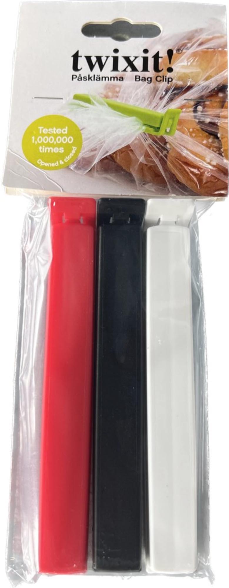 Praktische Twixit Beutelverschlüsse von DaloLindén in Rot, Schwarz und Weiss, 14 cm, für luftdichtes Verschliessen und Farbcodierung.