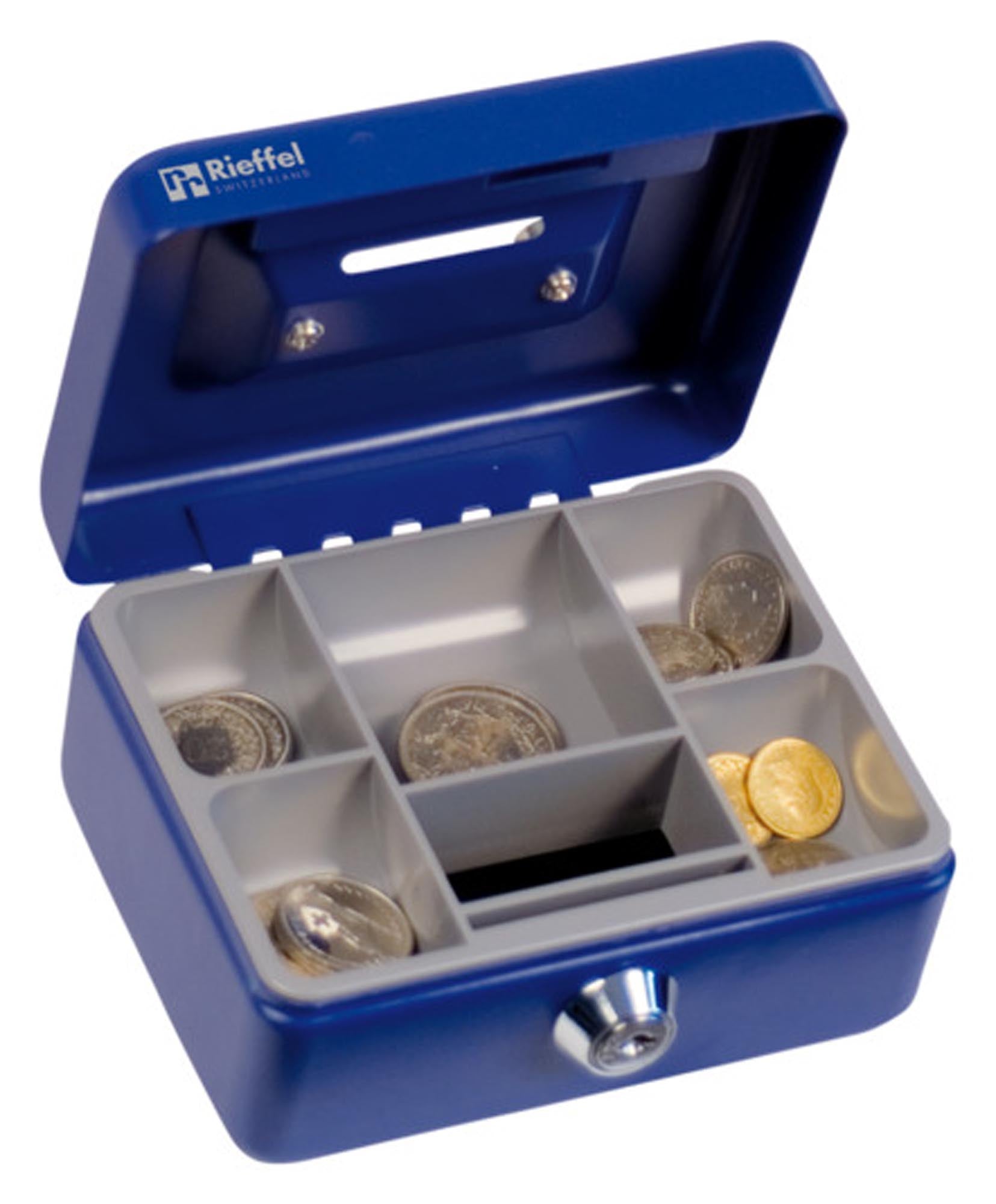 Sparbüchse KIKA mit Einwurfschlitz und Zylinderschloss 60x125x95 mm blau in präsentiert im Onlineshop von KAQTU Design AG. Aufbewahrungsdose ist von RIEFFEL
