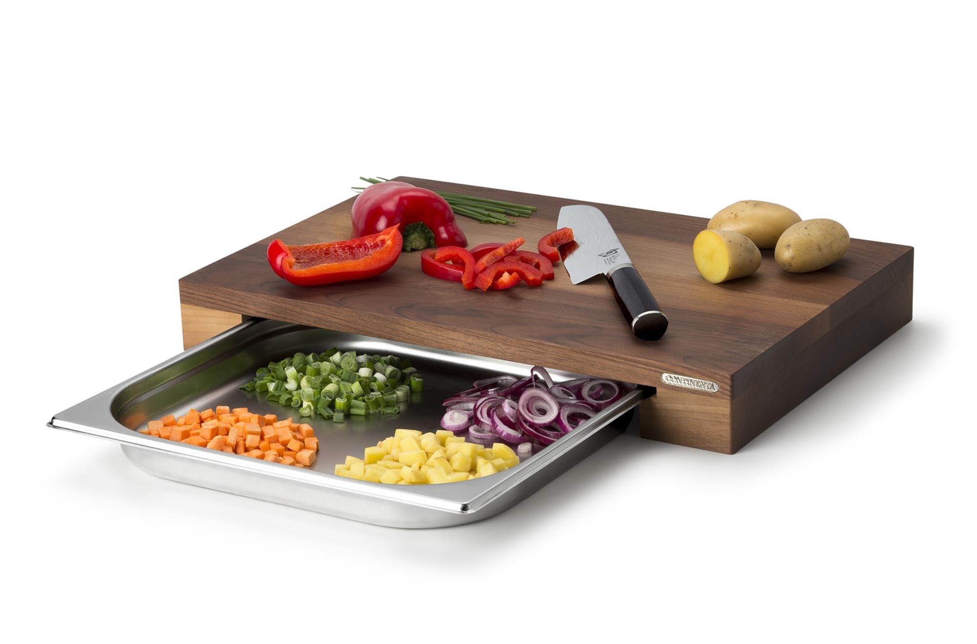 Hochwertiges Walnuss Schneidebrett mit integrierter Edelstahl Schublade, 48x32.5x6 cm, ideal für die moderne Küche und stilvolles Kochen.