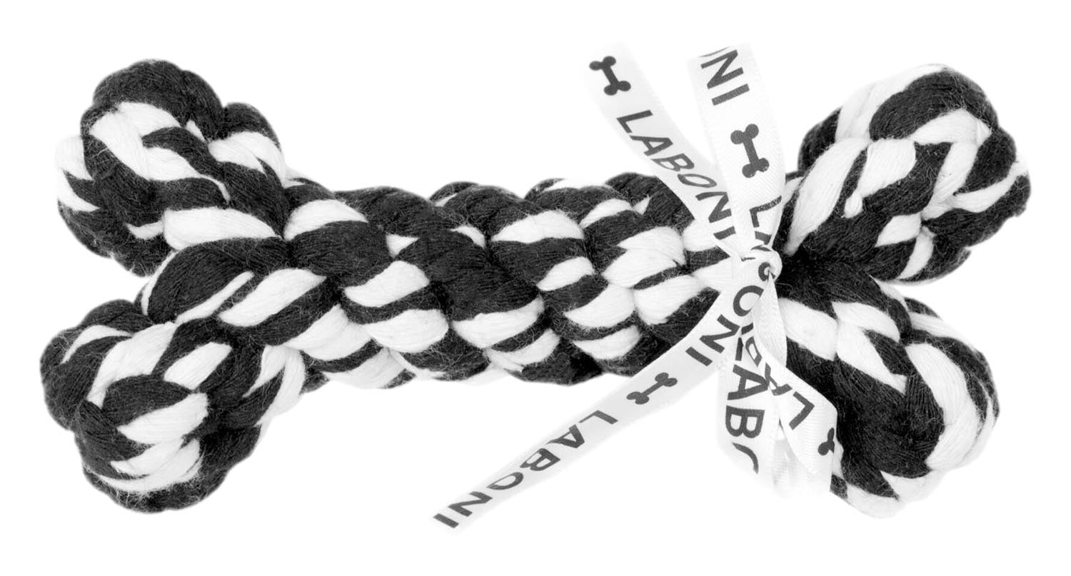 Entdecken Sie das LABONI Bonnie Bone: ein umweltfreundliches Hundespielzeug aus 100% Baumwolle, ideal für Kauen, Werfen und Apportieren!