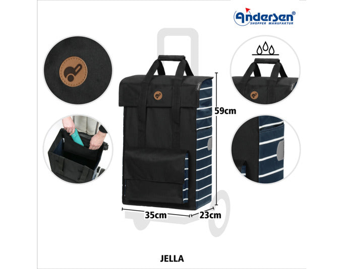Entdecken Sie den blauen ANDERSEN Einkaufswagen Scala Jella – stabil, leise und stilvoll für Ihren täglichen Einkauf. Ideal für alle, die Qualität schätzen!