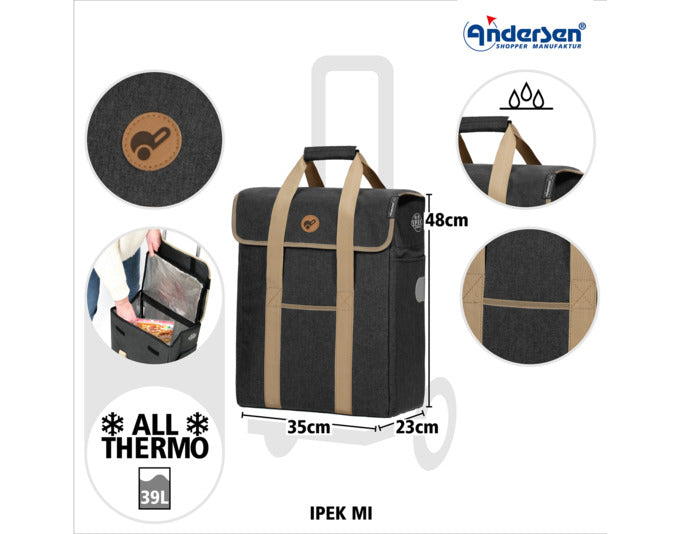 Entdecken Sie den ANDERSEN Einkaufswagen Scala Ipek Mi Thermo in elegantem Schwarz. Robustes Design, leise Räder und isolierte Tasche für frische Einkäufe.
