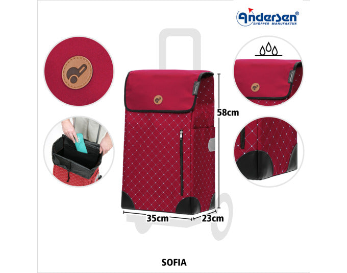 Eleganter ANDERSEN Einkaufswagen Alu Star Sofia in Rot: leicht, höhenverstellbar und ideal für den Stadtverkehr. Stilvoll und praktisch!