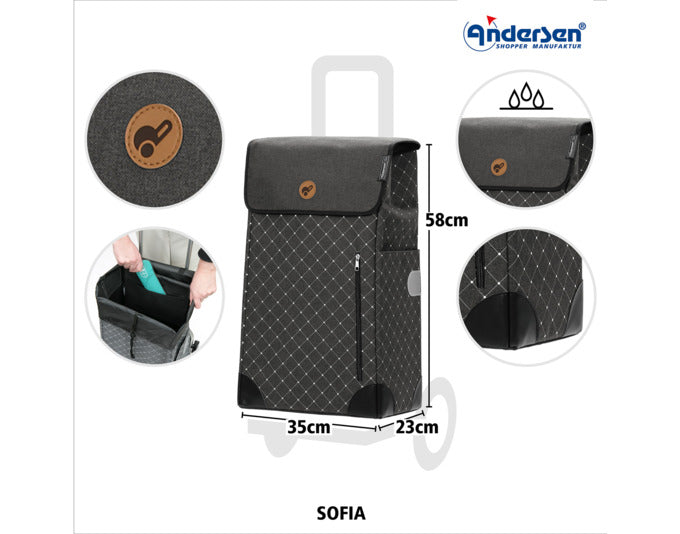 Eleganter ANDERSEN Einkaufswagen Alu Star Sofia in Anthrazit: leicht, höhenverstellbar und ideal für den Stadtverkehr. Stilvoll und praktisch!