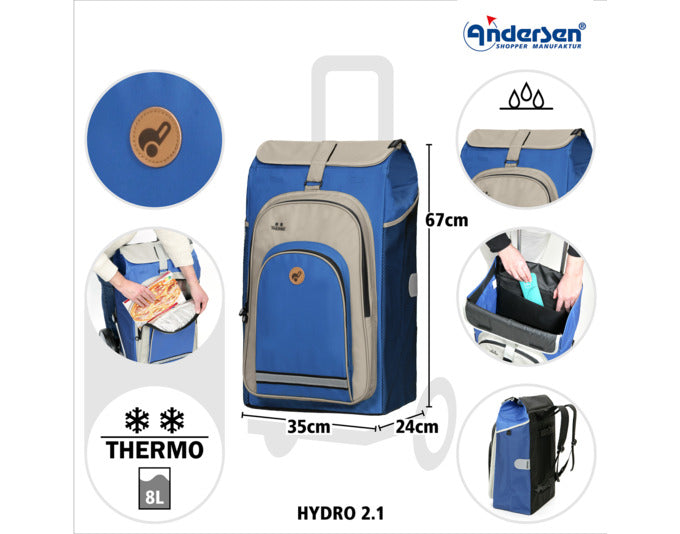 Entdecken Sie den ANDERSEN Einkaufswagen Royal Hydro 2.1 in Blau – leicht, stabil und ideal für Einkäufe, Sport und Freizeit. Viel Stauraum und leiser Lauf!