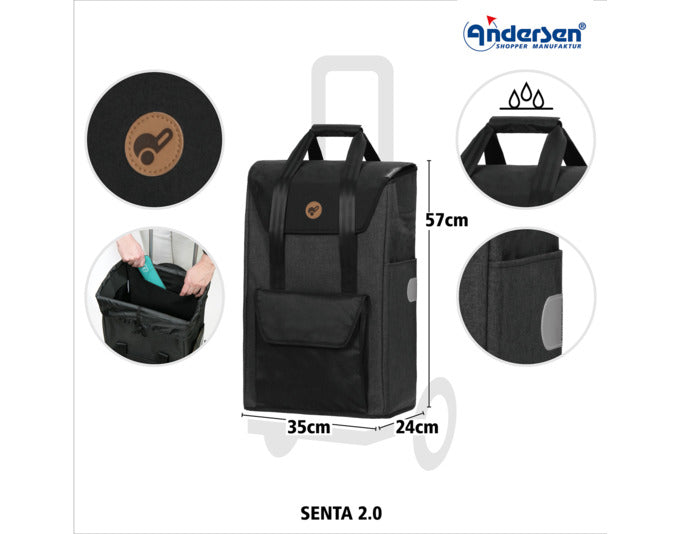 Entdecken Sie den ANDERSEN Einkaufswagen Royal Senta 2.0 in elegantem Schwarz. Leicht, stabil und vielseitig – ideal für jeden Einkauf!
