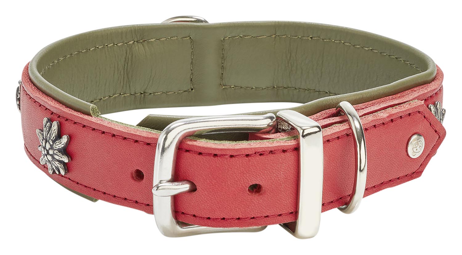 Entdecken Sie das luxuriöse LABONI Halsband Edelweiss rot-grün XXL für große Hunderassen. Handgefertigt, wasserabweisend und hypoallergen.