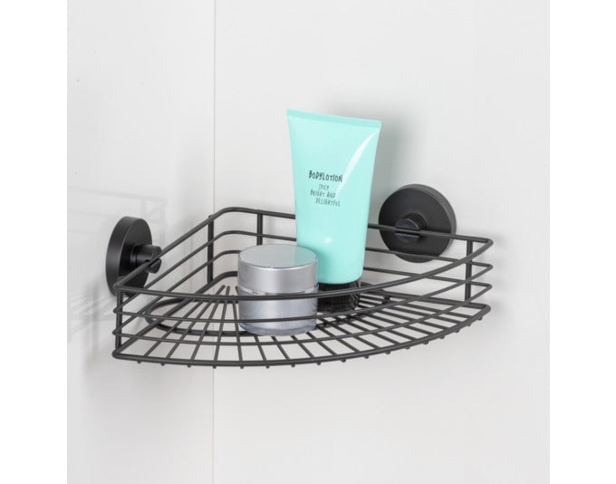 Entdecken Sie das WENKO Duscheckregal Vacuum-Loc® Bari in elegantem Schwarz-Matt. Ideal für stilvolle Badezimmer, bietet es praktischen Stauraum ohne Bohren.