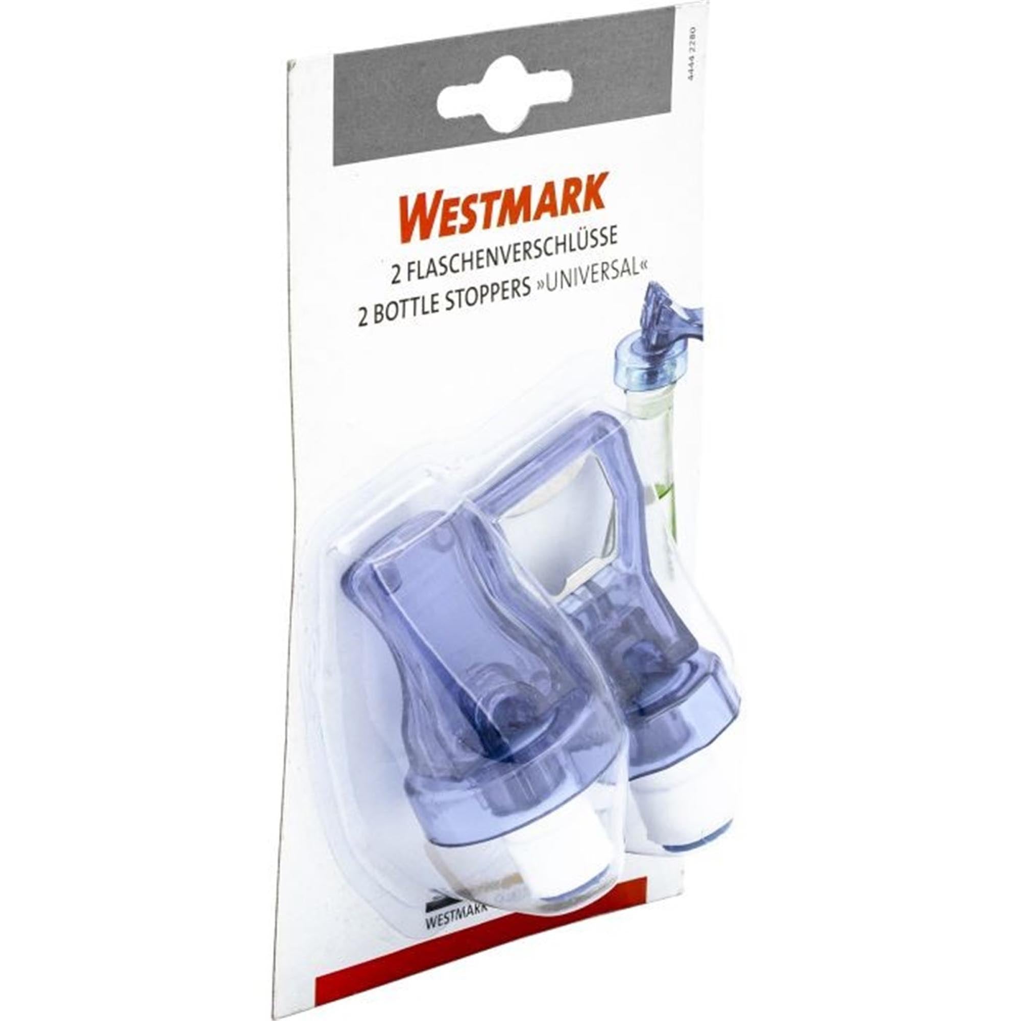 Praktisches 2er Set Flaschenverschlüsse von Westmark, universell einsetzbar, Masse 4x4x8cm, ideal für Wein- und Getränkeflaschen.