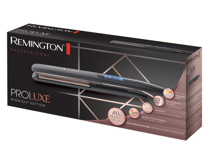 Erleben Sie mit dem REMINGTON PROluxe Midnight Edition Haarglätter S9100B professionelles Styling. OPTIheat-Technologie und PRO+ Einstellung für schonendes, perfektes Haar.