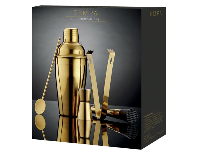 Entdecken Sie das elegante 5-tlg. Cocktailset Aurora gold von TEMPA – das perfekte Zubehör für stilvolle Cocktails und unvergessliche Abende.