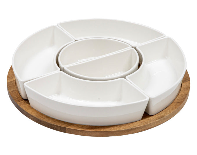 Elegantes 7-teiliges Schalenset auf Drehteller, ideal zum Servieren und Teilen. Perfekt für stilvolle Präsentationen.
