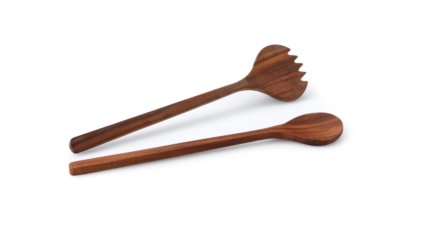 Hochwertiges Salatbesteck aus Akazienholz, 36 cm lang, ideal für stilvolles Servieren von Salaten, vereint Funktionalität und natürliche Eleganz.