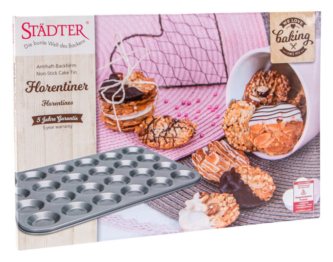 Entdecken Sie das STÄDTER Backblech Florentiner 38x26 cm für 24 Portionen. Ideal für süße und herzhafte Backkreationen – perfekt für Backliebhaber!
