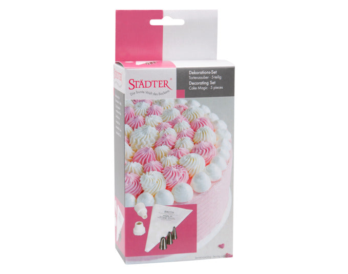 Entdecken Sie das STÄDTER Dekorations Set Tortenzauber: 5-teiliges Spritzbeutel-Set für kreative Tortendekoration. Hochwertig und vielseitig!