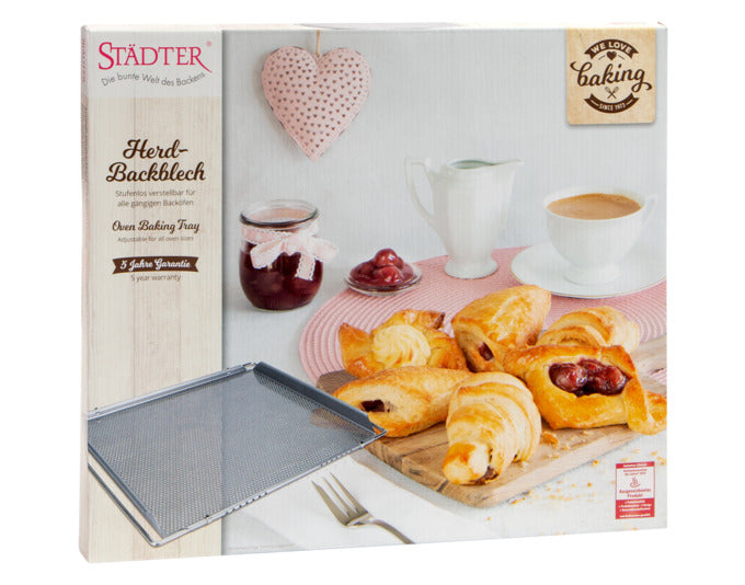 Entdecken Sie das STÄDTER Herdbackblech 40x35 cm mit Lochung – ideal für knusprige Backergebnisse und vielseitige Backkreationen. Perfekt für Backliebhaber!