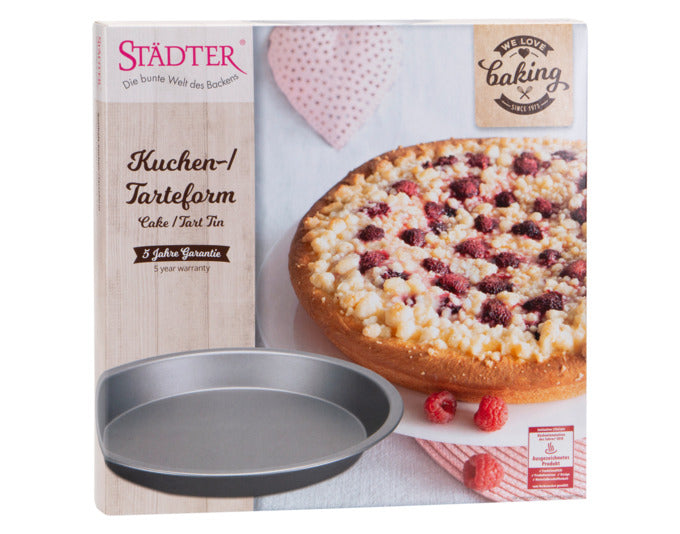 Entdecken Sie die STÄDTER Kuchenform ø 27x3 cm in Silber aus der "We love Baking" Serie – ideal für kreative Backmomente und köstliche Tartes!