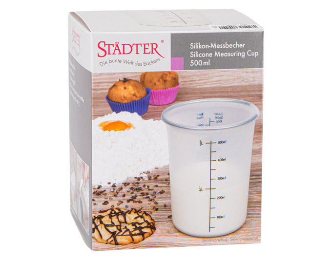 Entdecken Sie den STÄDTER Messbecher 500 ml aus flexiblem Silikon – ideal zum präzisen Abmessen, Mixen und Schmelzen in Ihrer Küche!