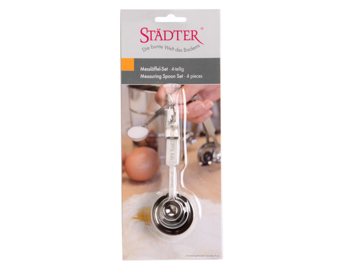 Entdecken Sie das STÄDTER Messlöffel-Set 4-teilig für präzises Abmessen in der Küche. Ideal für Gewürze und Zutaten, Profi-Qualität garantiert!