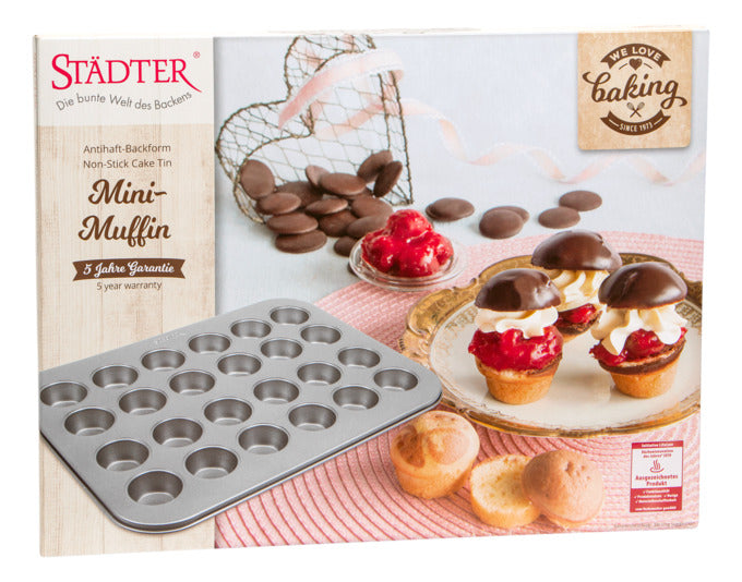 Entdecken Sie das STÄDTER Muffinblech Mini 35x27 cm für 24 köstliche Muffins. Ideal für kreative Backprojekte und nostalgische Backmomente!