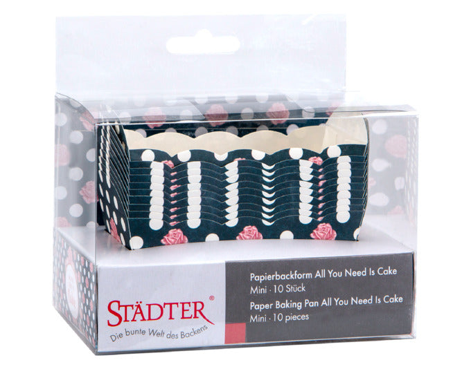 Entdecken Sie die bunten STÄDTER Papierbackförmchen "All You Need Is Cake"! Ideal für kleine Kuchen und Muffins, hitzebeständig und perfekt zum Servieren.