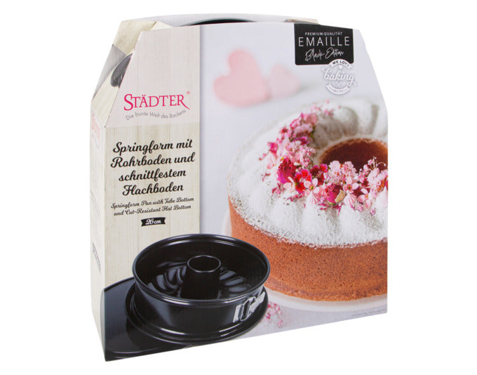 Entdecken Sie die STÄDTER Springform Emaille mit Rohrboden (ø 26x7 cm) in der eleganten Black Edition – ideal für perfekte Backergebnisse und kreative Kuchenideen!