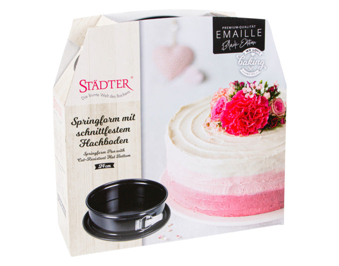 Entdecken Sie die STÄDTER Springform Emaille ø 24x7 cm in der eleganten Black Edition – ideal für perfekte Kuchen und Torten!